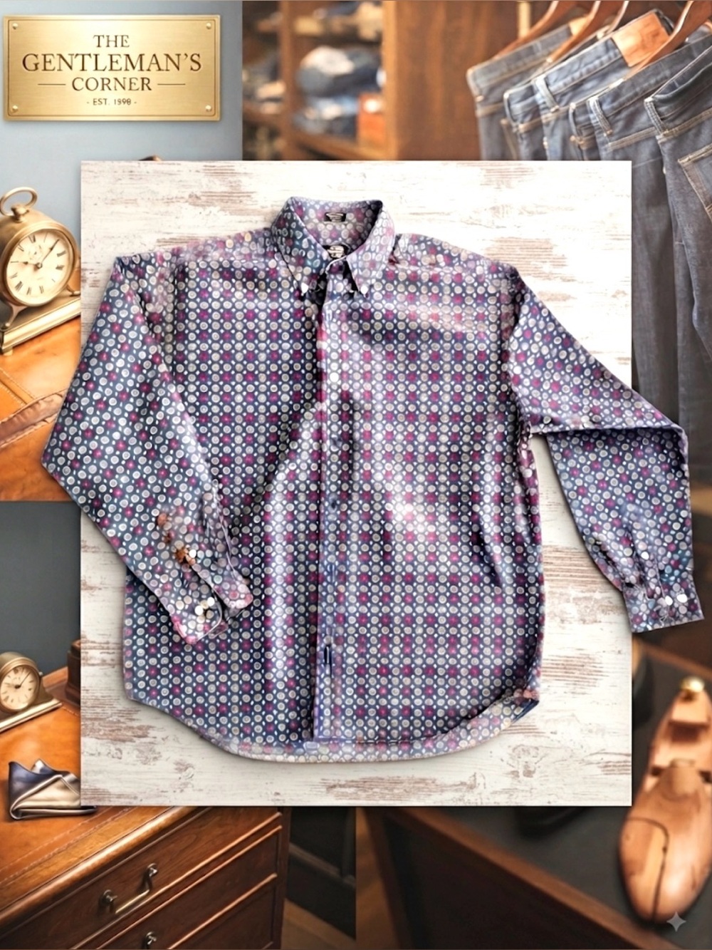 DOCKERS Collared Casual or Dress Shirt in Blue and Red Hues Geometric Pattern